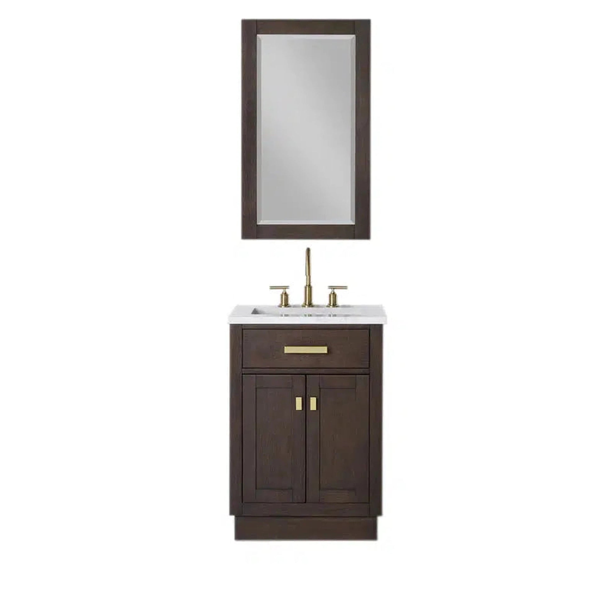 Water Creation Chestnut 24" Single Sink Carrara White Marble Countertop Vanity In Brown Oak with Grooseneck Faucet and Mirror