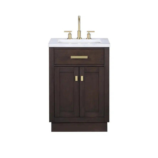 Water Creation Chestnut 24" Single Sink Carrara White Marble Countertop Vanity In Brown Oak with Grooseneck Faucet