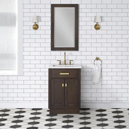 Water Creation Chestnut 24" Single Sink Carrara White Marble Countertop Vanity In Brown Oak with Mirror