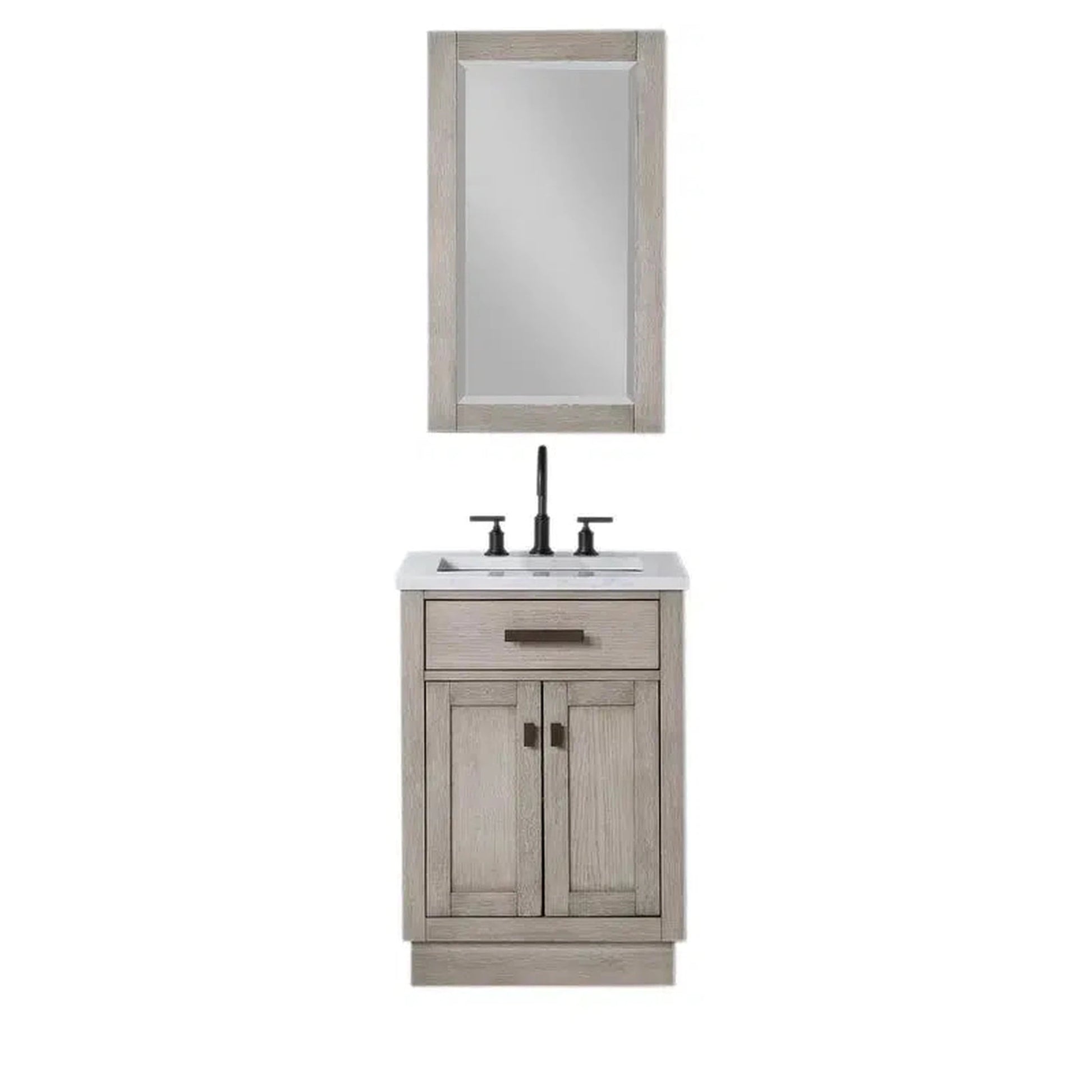 Water Creation Chestnut 24" Single Sink Carrara White Marble Countertop Vanity In Grey Oak with Grooseneck Faucet