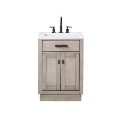 Water Creation Chestnut 24" Single Sink Carrara White Marble Countertop Vanity In Grey Oak with Grooseneck Faucet