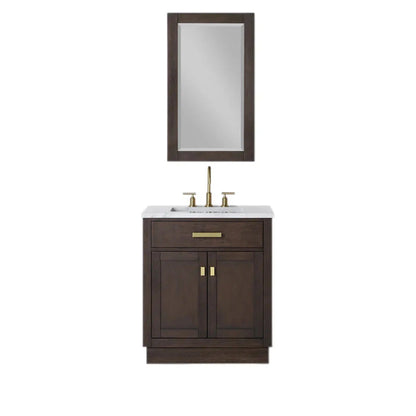 Water Creation Chestnut 30" Single Sink Carrara White Marble Countertop Vanity In Brown Oak with Grooseneck Faucet