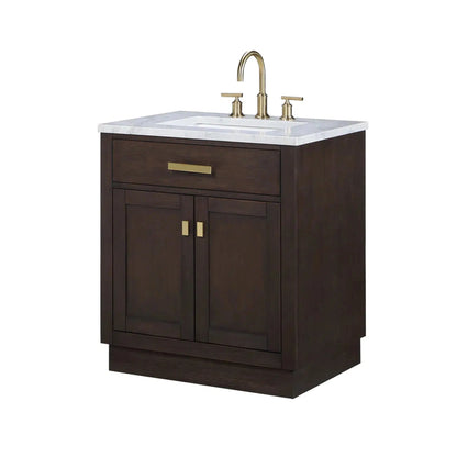 Water Creation Chestnut 30" Single Sink Carrara White Marble Countertop Vanity In Brown Oak with Grooseneck Faucet and Mirror