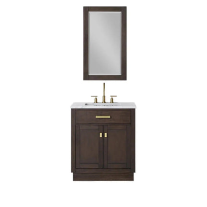 Water Creation Chestnut 30" Single Sink Carrara White Marble Countertop Vanity In Brown Oak with Grooseneck Faucet and Mirror