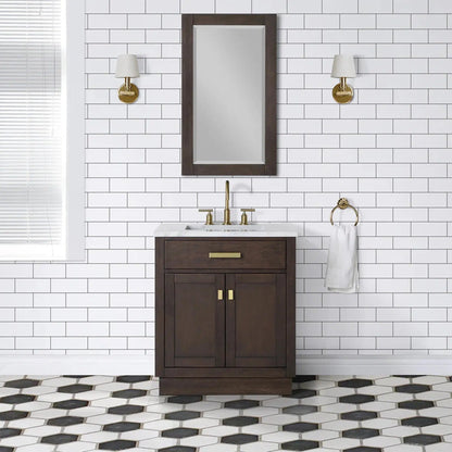 Water Creation Chestnut 30" Single Sink Carrara White Marble Countertop Vanity In Brown Oak with Grooseneck Faucet and Mirror