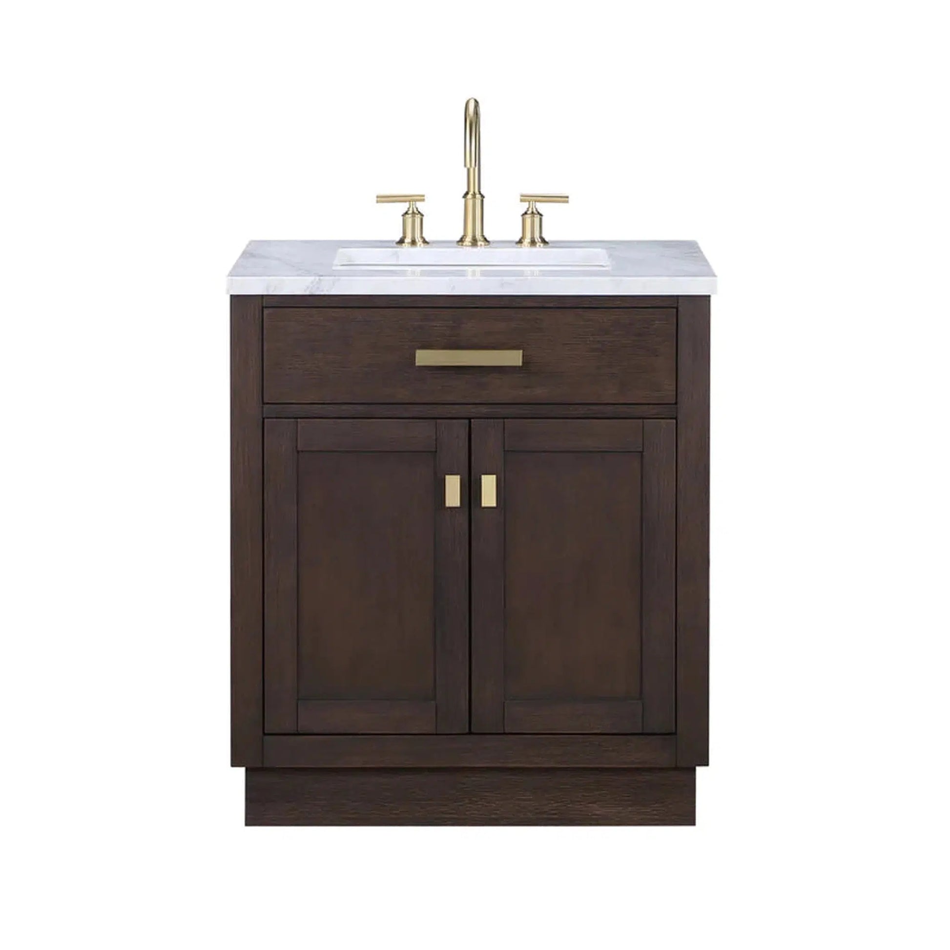 Water Creation Chestnut 30" Single Sink Carrara White Marble Countertop Vanity In Brown Oak with Grooseneck Faucet