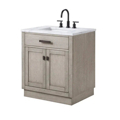 Water Creation Chestnut 30" Single Sink Carrara White Marble Countertop Vanity In Grey Oak with Grooseneck Faucet