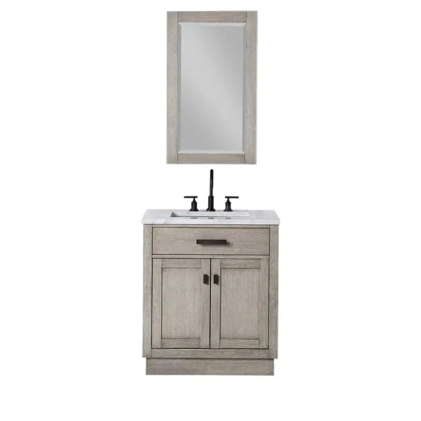 Water Creation Chestnut 30" Single Sink Carrara White Marble Countertop Vanity In Grey Oak with Grooseneck Faucet