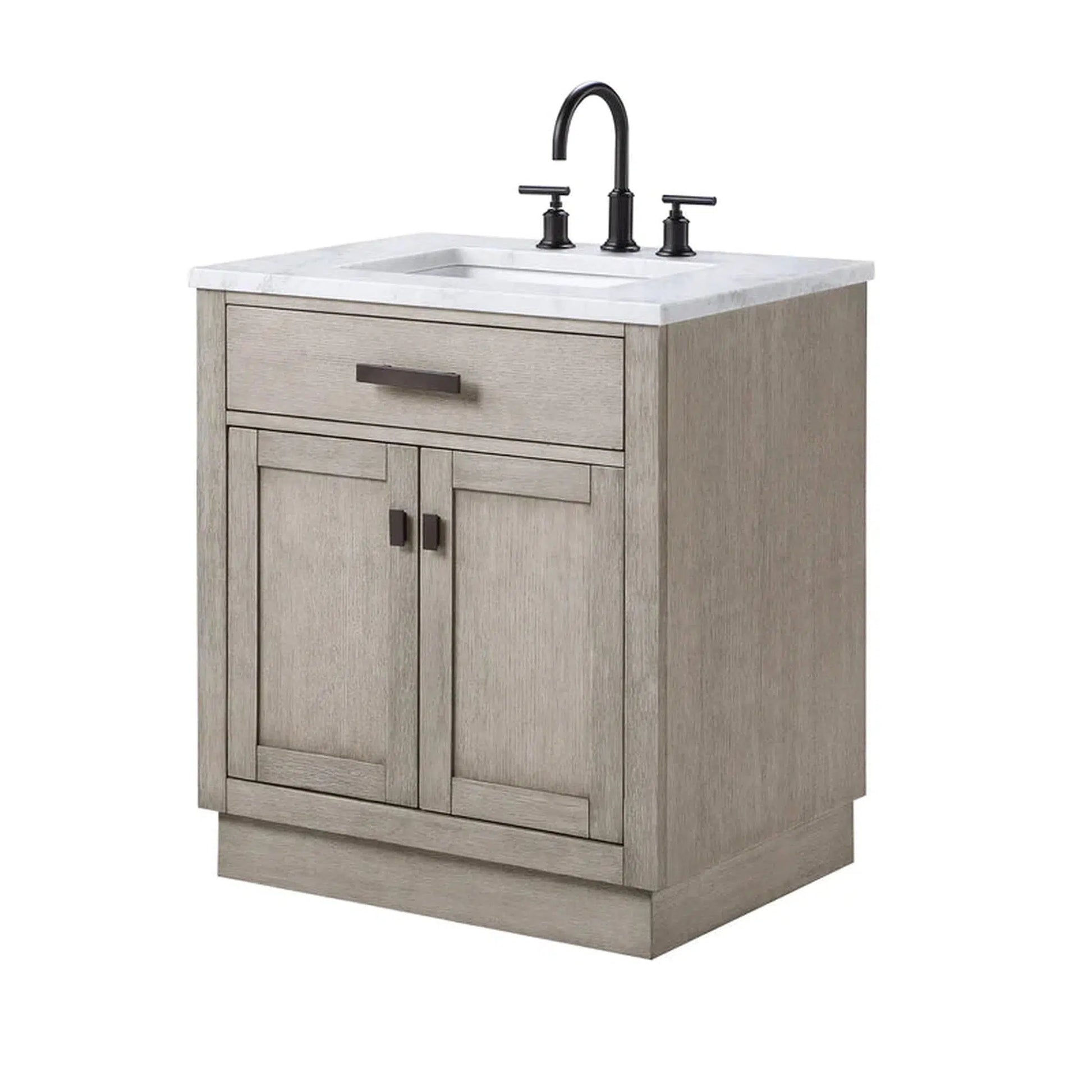 Water Creation Chestnut 30" Single Sink Carrara White Marble Countertop Vanity In Grey Oak with Grooseneck Faucet and Mirror