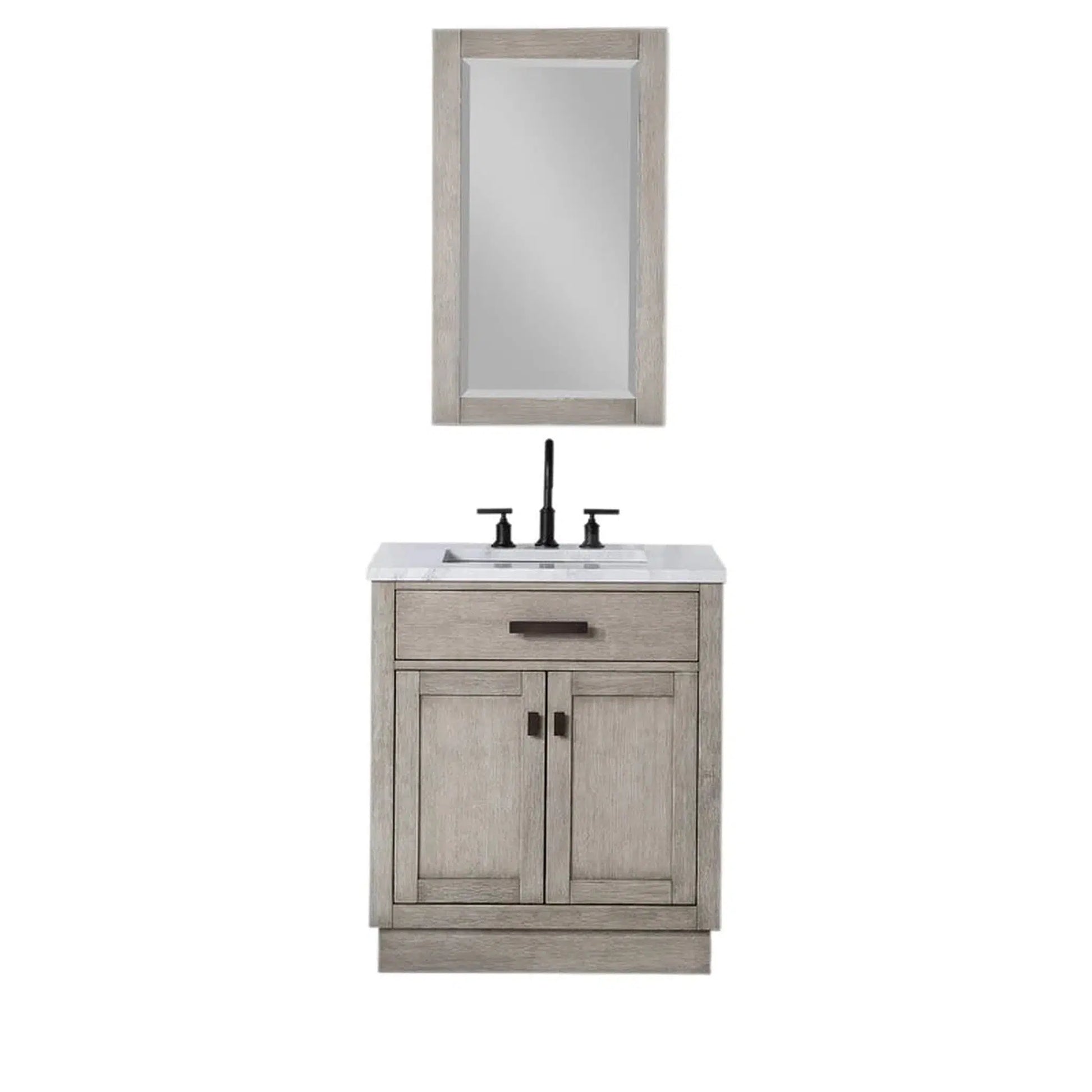 Water Creation Chestnut 30" Single Sink Carrara White Marble Countertop Vanity In Grey Oak with Grooseneck Faucet and Mirror