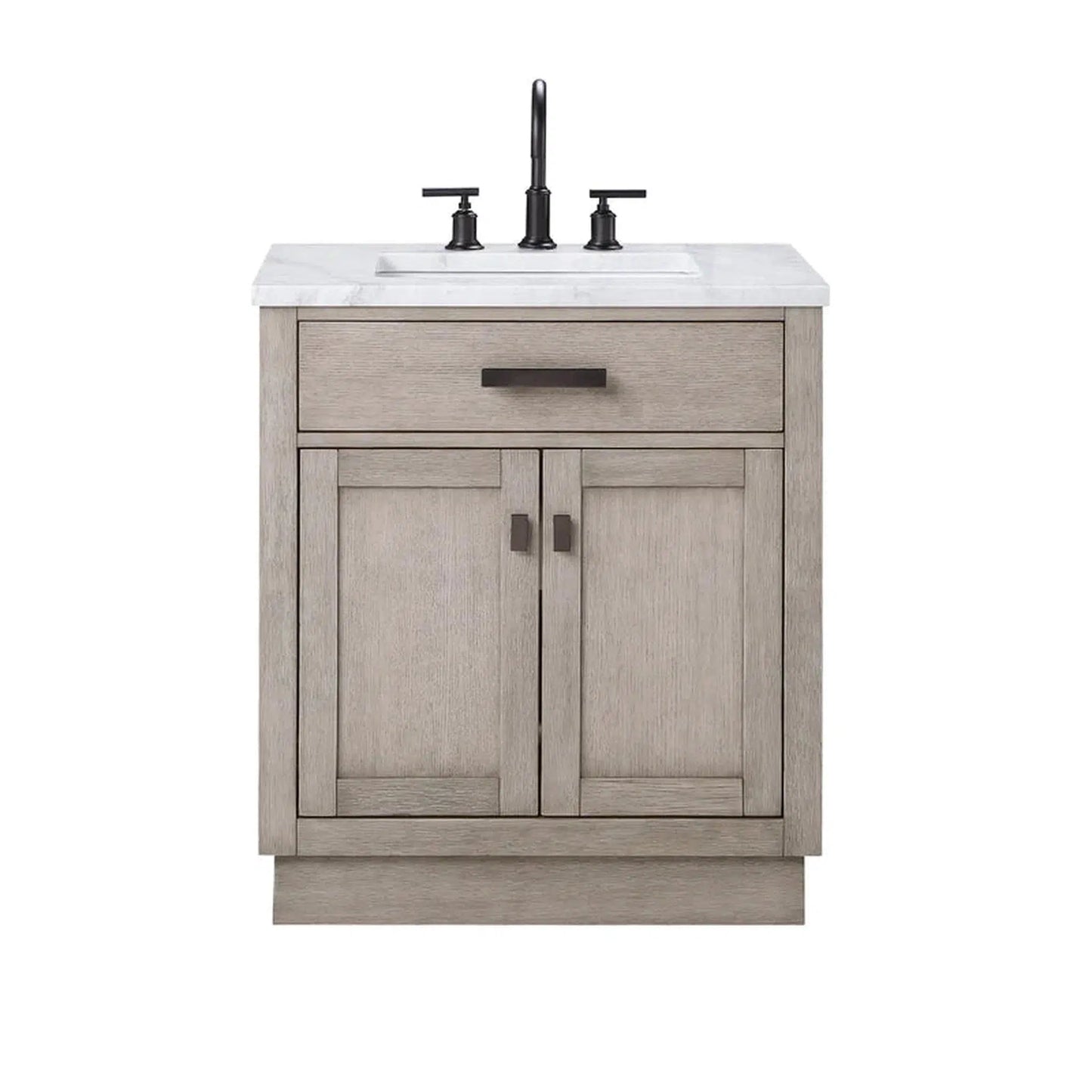 Water Creation Chestnut 30" Single Sink Carrara White Marble Countertop Vanity In Grey Oak with Grooseneck Faucet and Mirror