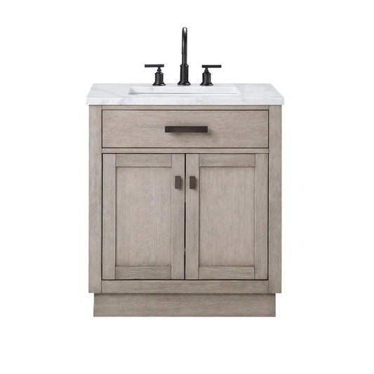 Water Creation Chestnut 30" Single Sink Carrara White Marble Countertop Vanity In Grey Oak with Grooseneck Faucet and Mirror