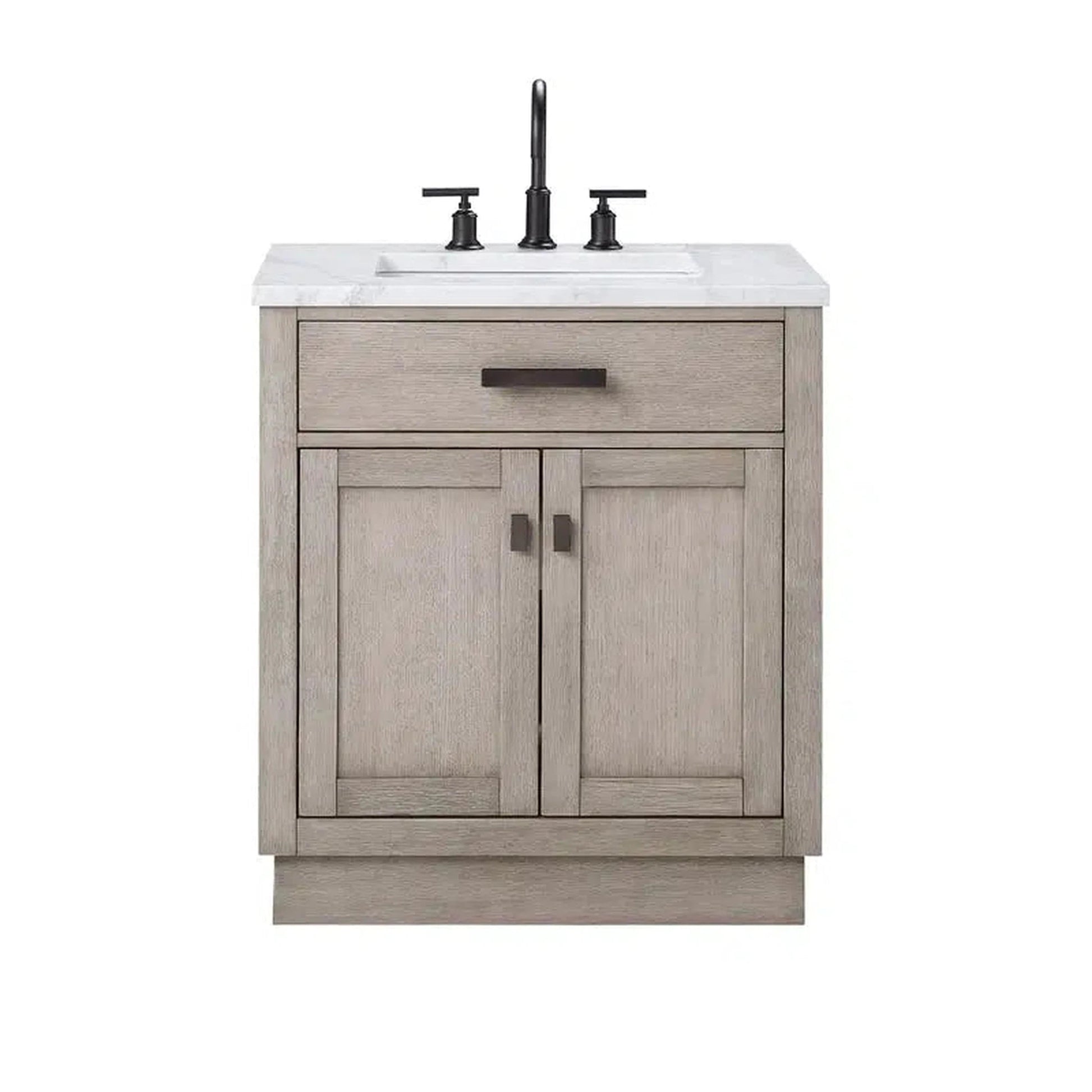 Water Creation Chestnut 30" Single Sink Carrara White Marble Countertop Vanity In Grey Oak with Grooseneck Faucet