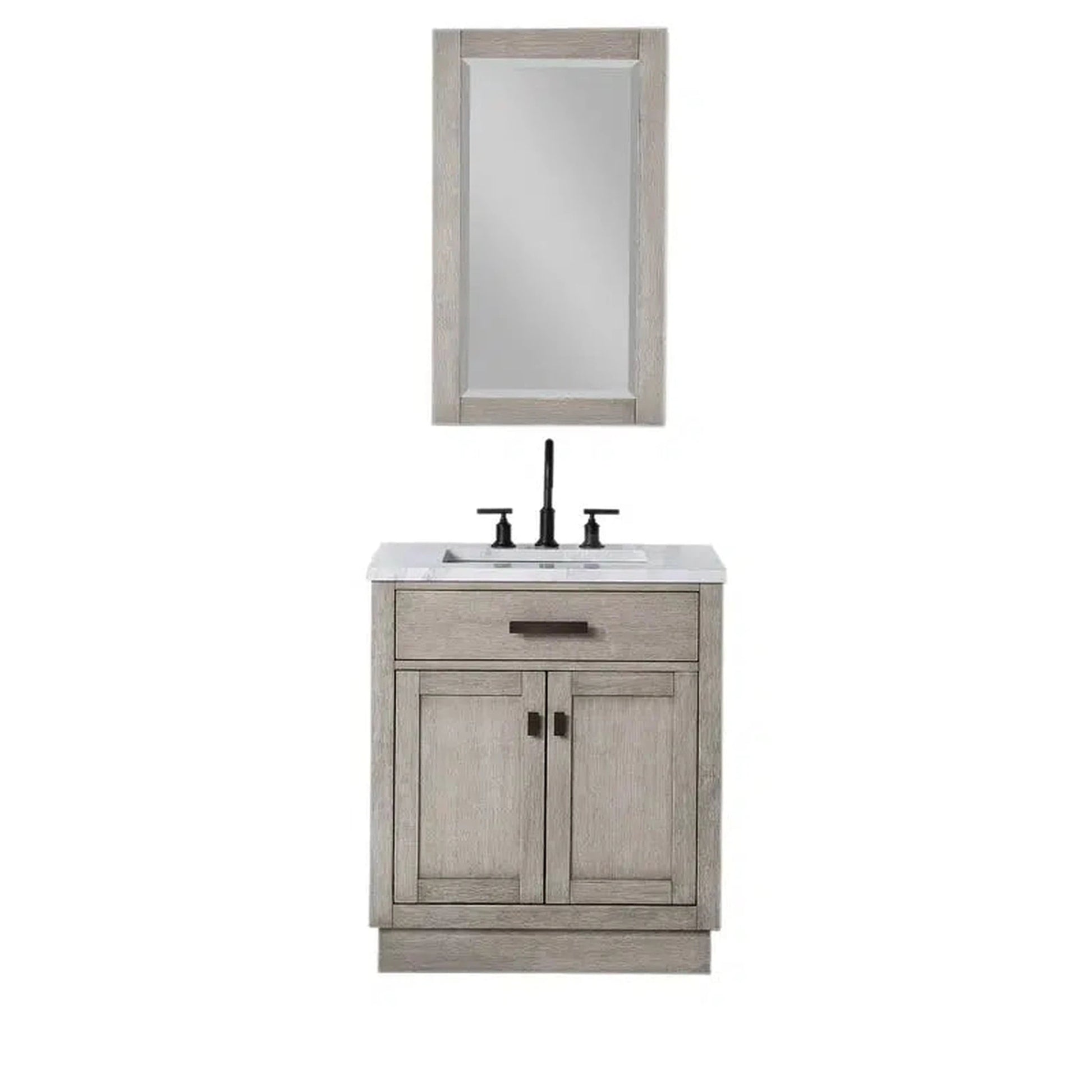 Water Creation Chestnut 30" Single Sink Carrara White Marble Countertop Vanity In Grey Oak with Mirror