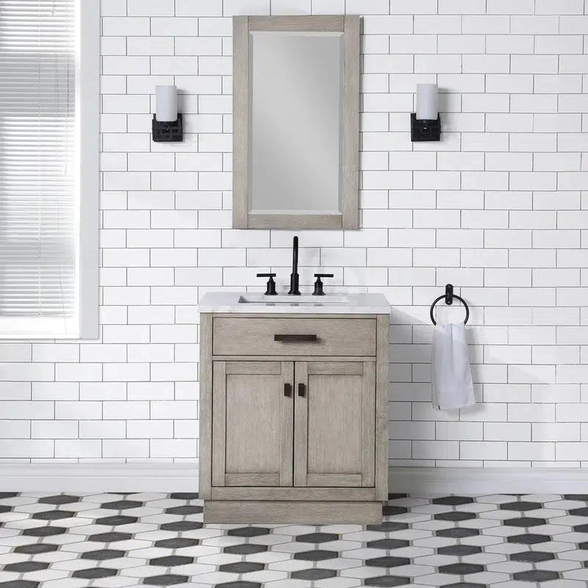Water Creation Chestnut 30" Single Sink Carrara White Marble Countertop Vanity In Grey Oak with Mirror