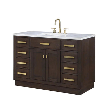 Water Creation Chestnut 48" Single Sink Carrara White Marble Countertop Vanity In Brown Oak with Grooseneck Faucet and Mirror
