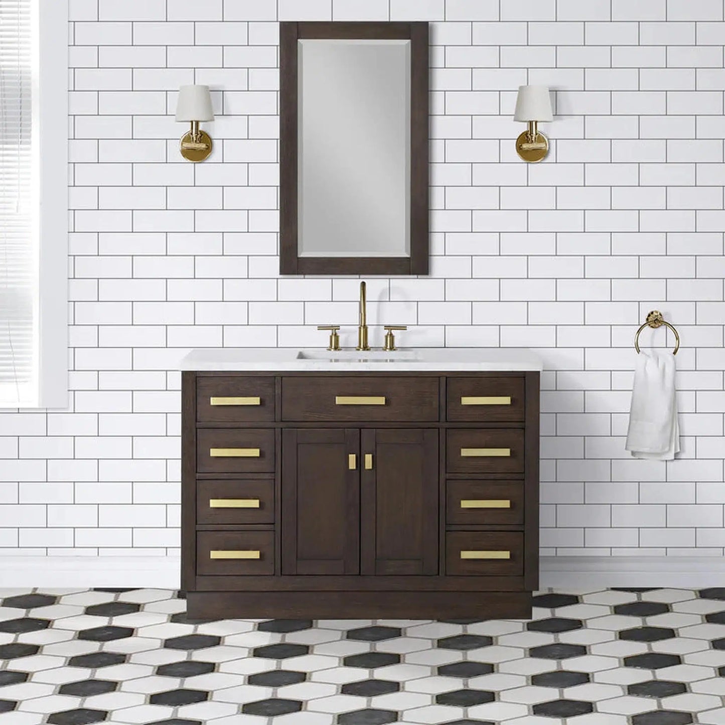 Water Creation Chestnut 48" Single Sink Carrara White Marble Countertop Vanity In Brown Oak with Grooseneck Faucet and Mirror