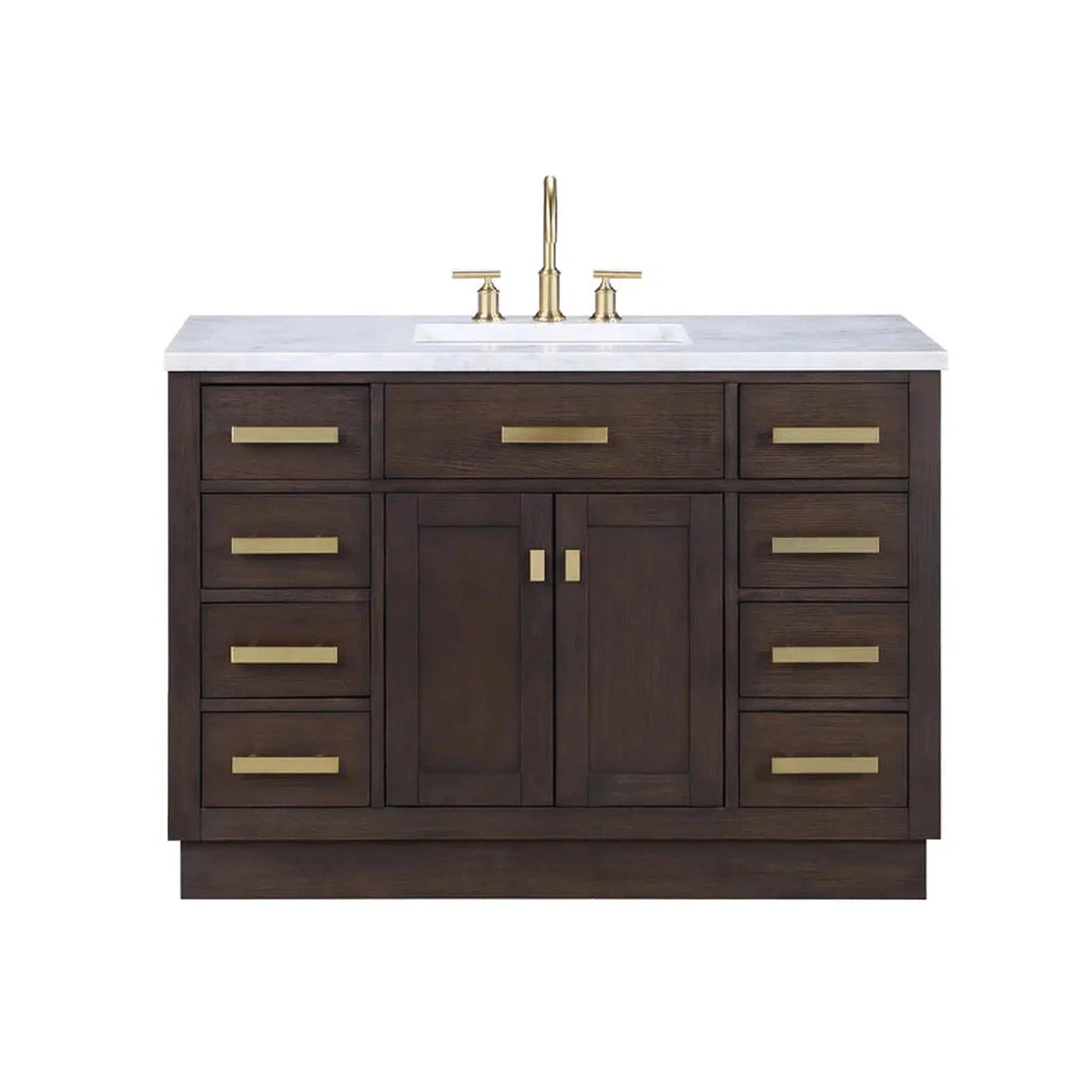 Water Creation Chestnut 48" Single Sink Carrara White Marble Countertop Vanity In Brown Oak with Grooseneck Faucet and Mirror