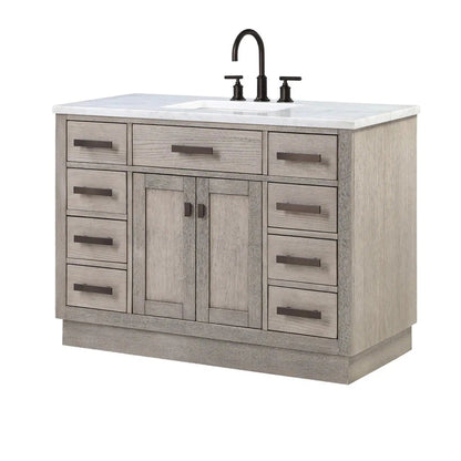 Water Creation Chestnut 48" Single Sink Carrara White Marble Countertop Vanity In Grey Oak with Grooseneck Faucet