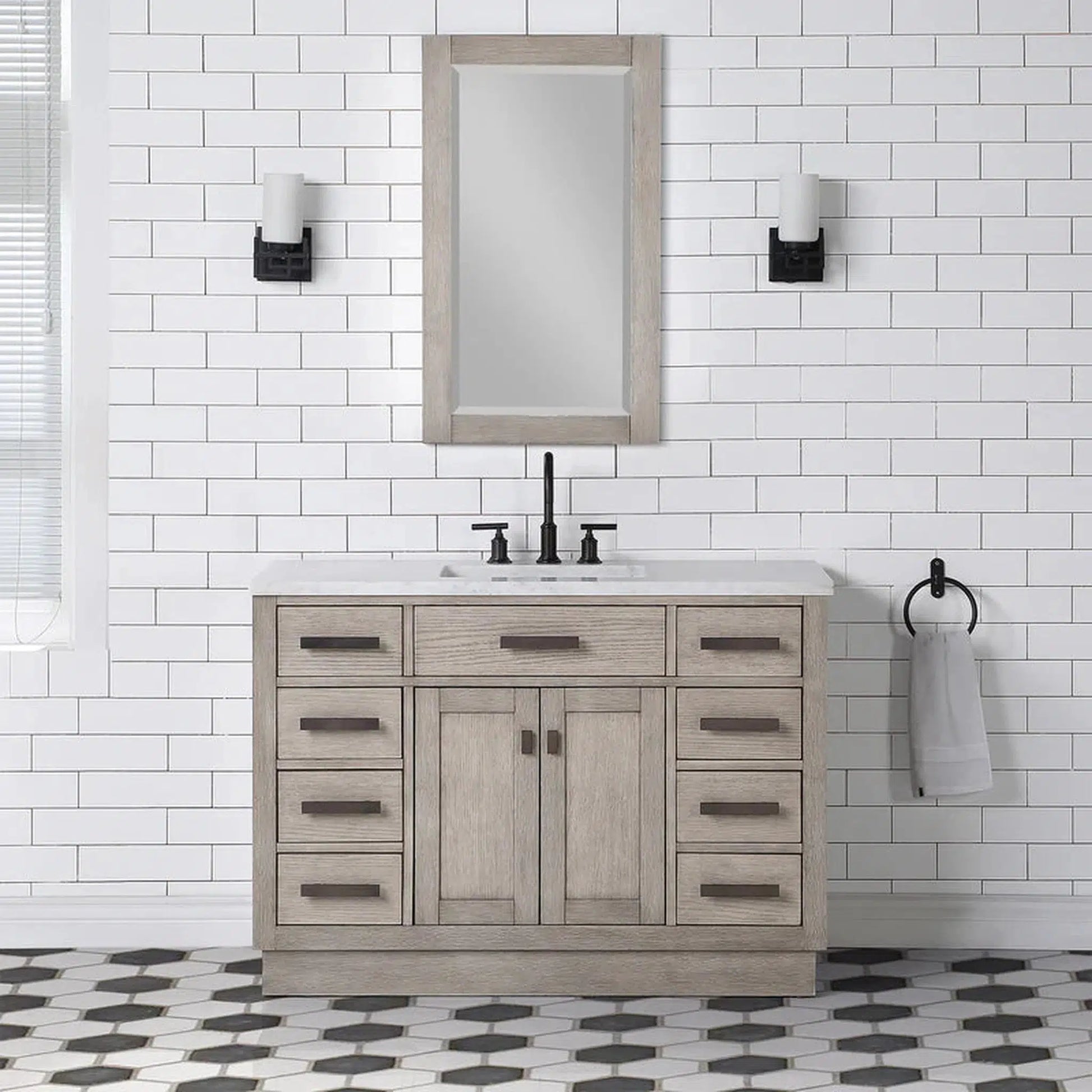 Water Creation Chestnut 48" Single Sink Carrara White Marble Countertop Vanity In Grey Oak with Grooseneck Faucet