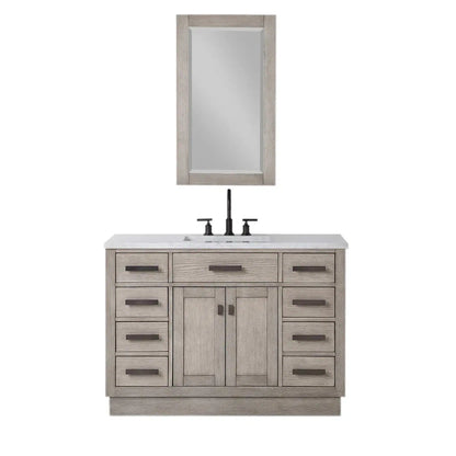 Water Creation Chestnut 48" Single Sink Carrara White Marble Countertop Vanity In Grey Oak with Grooseneck Faucet and Mirror