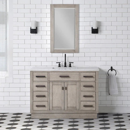 Water Creation Chestnut 48" Single Sink Carrara White Marble Countertop Vanity In Grey Oak with Grooseneck Faucet and Mirror