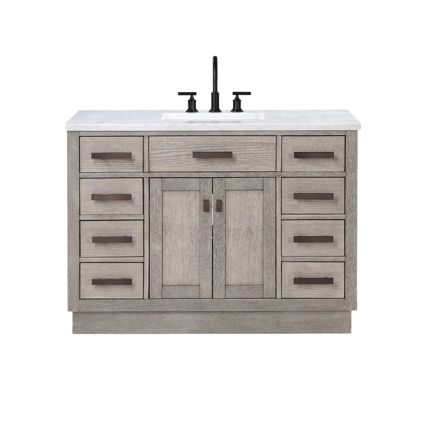 Water Creation Chestnut 48" Single Sink Carrara White Marble Countertop Vanity In Grey Oak with Grooseneck Faucet and Mirror