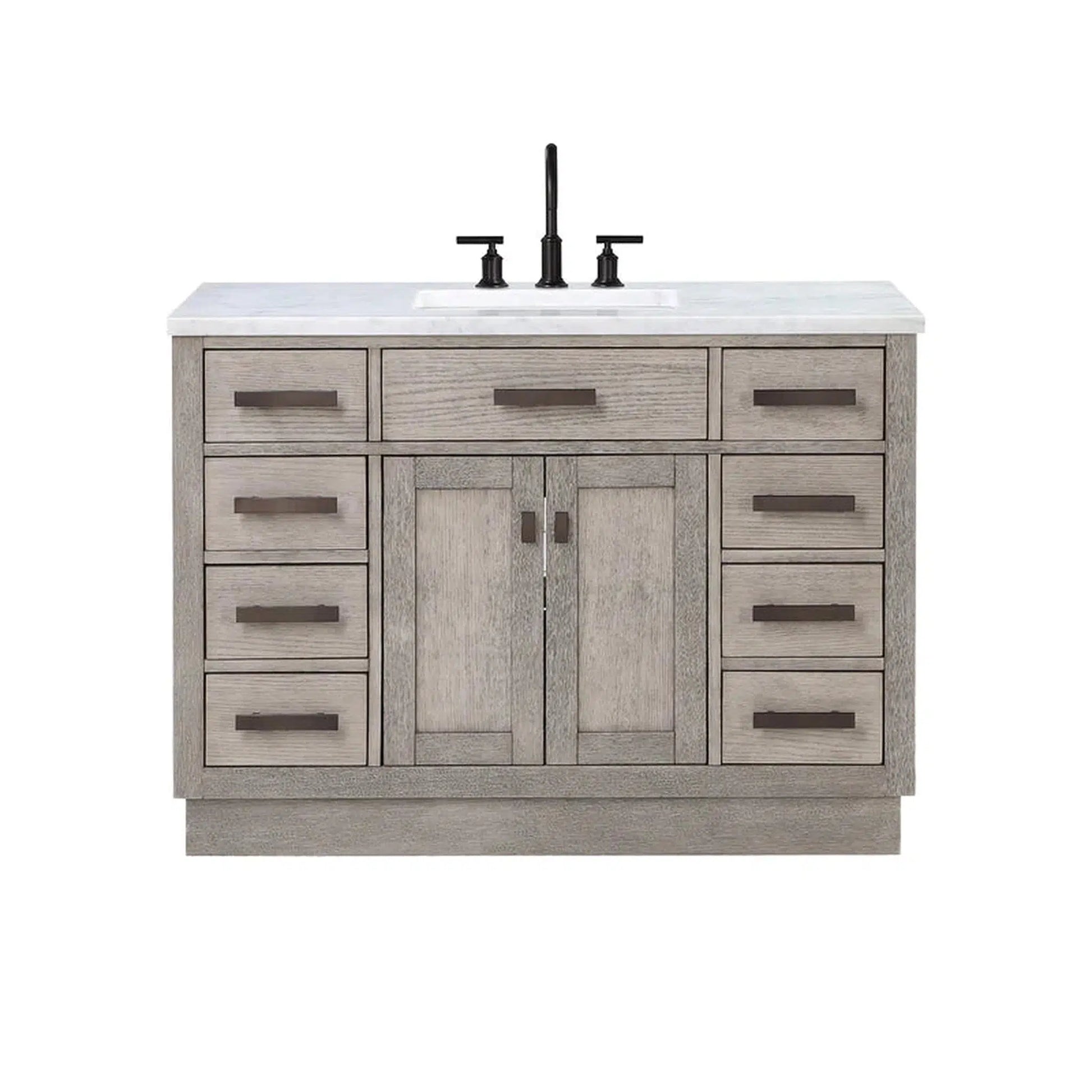 Water Creation Chestnut 48" Single Sink Carrara White Marble Countertop Vanity In Grey Oak with Grooseneck Faucet and Mirror