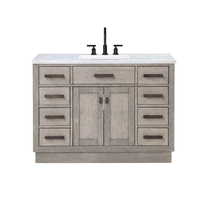 Water Creation Chestnut 48" Single Sink Carrara White Marble Countertop Vanity In Grey Oak with Grooseneck Faucet and Mirror