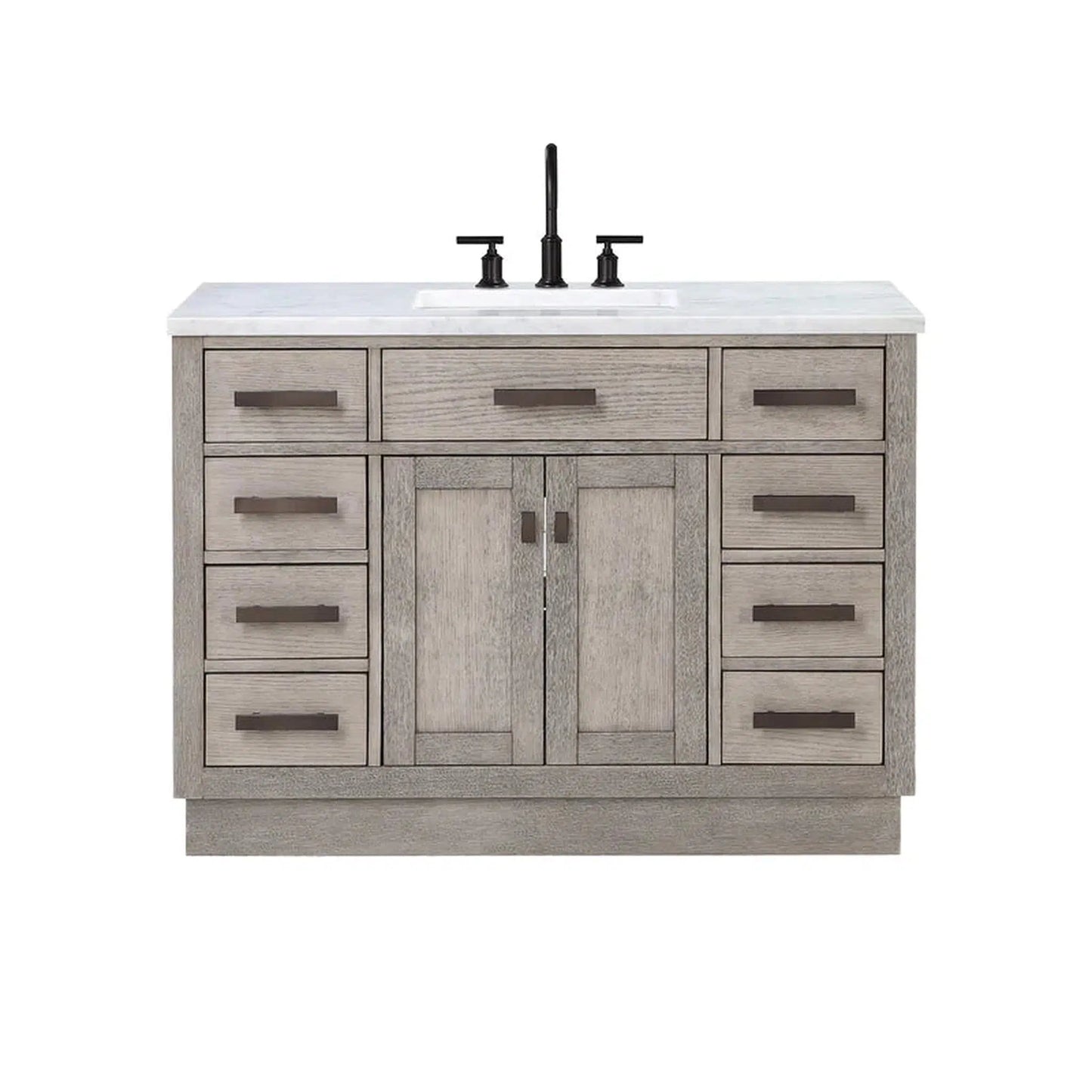 Water Creation Chestnut 48" Single Sink Carrara White Marble Countertop Vanity In Grey Oak with Grooseneck Faucet