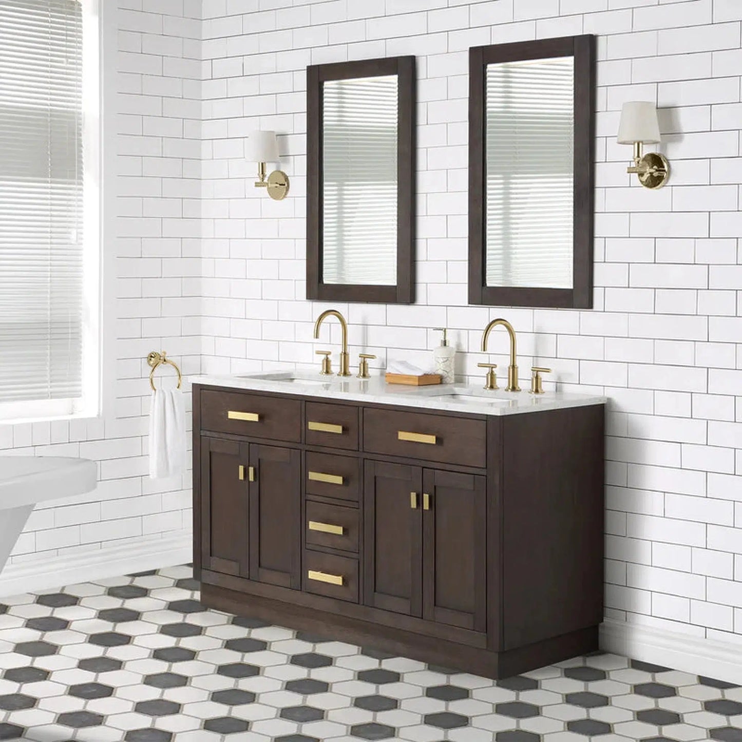 Water Creation Chestnut 60" Double Sink Carrara White Marble Countertop Vanity In Brown Oak