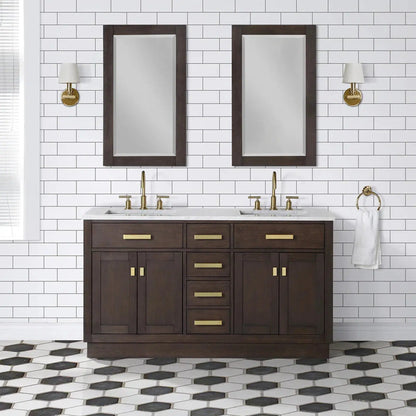 Water Creation Chestnut 60" Double Sink Carrara White Marble Countertop Vanity In Brown Oak