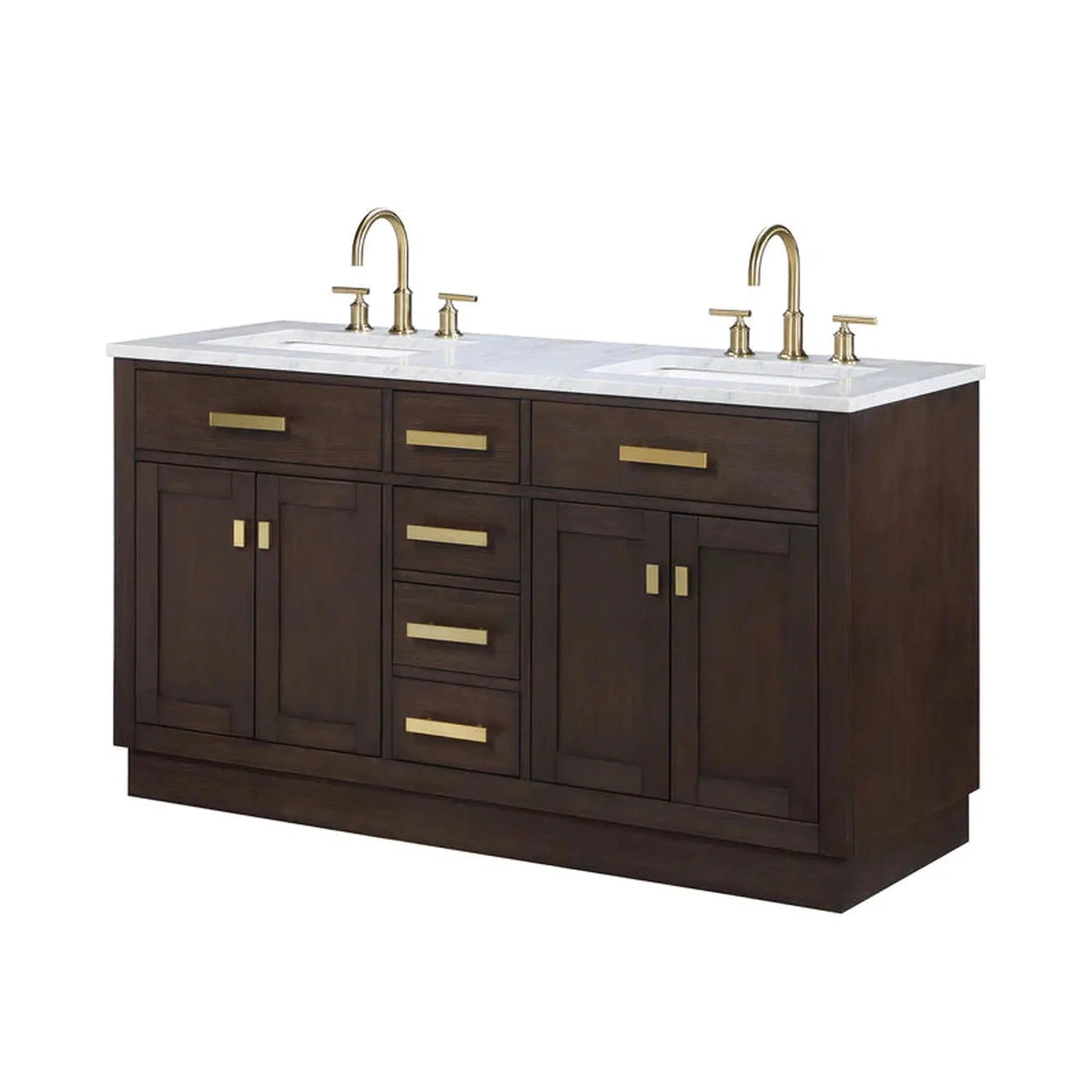 Water Creation Chestnut 60" Double Sink Carrara White Marble Countertop Vanity In Brown Oak with Grooseneck Faucets
