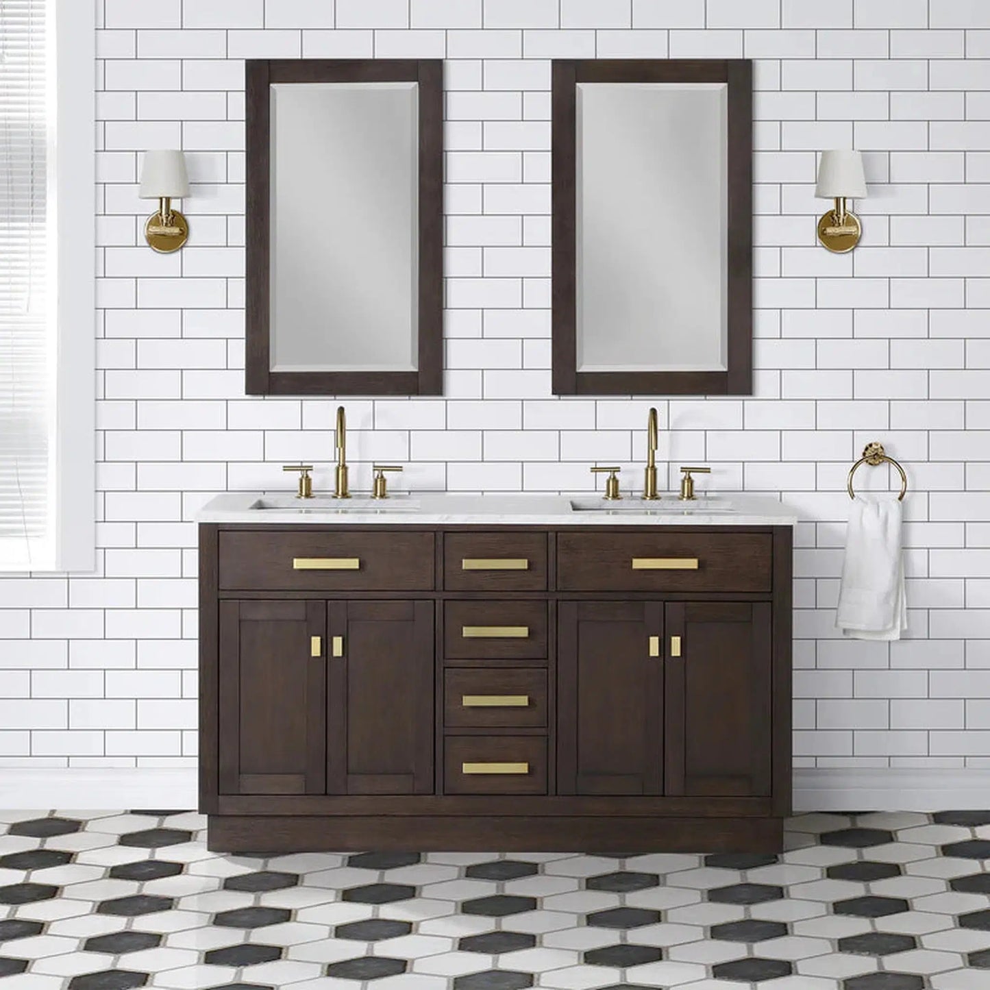 Water Creation Chestnut 60" Double Sink Carrara White Marble Countertop Vanity In Brown Oak with Grooseneck Faucets