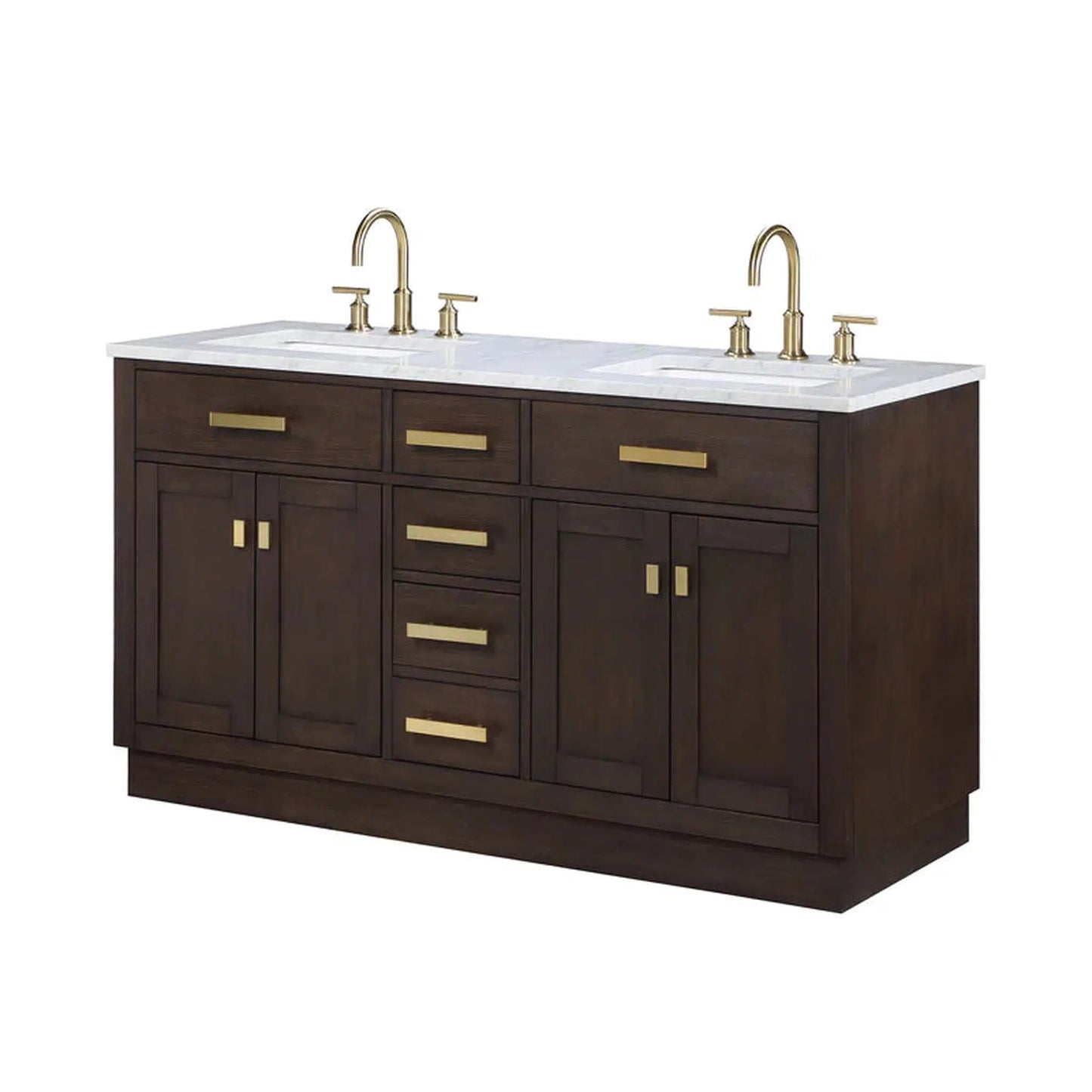 Water Creation Chestnut 60" Double Sink Carrara White Marble Countertop Vanity In Brown Oak with Grooseneck Faucets and Mirrors