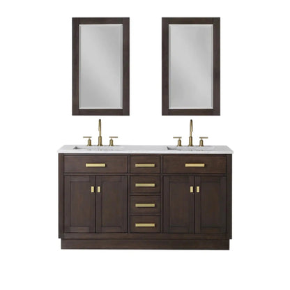 Water Creation Chestnut 60" Double Sink Carrara White Marble Countertop Vanity In Brown Oak with Grooseneck Faucets and Mirrors