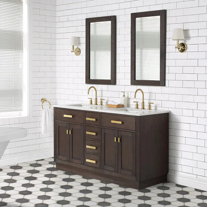 Water Creation Chestnut 60" Double Sink Carrara White Marble Countertop Vanity In Brown Oak with Grooseneck Faucets and Mirrors