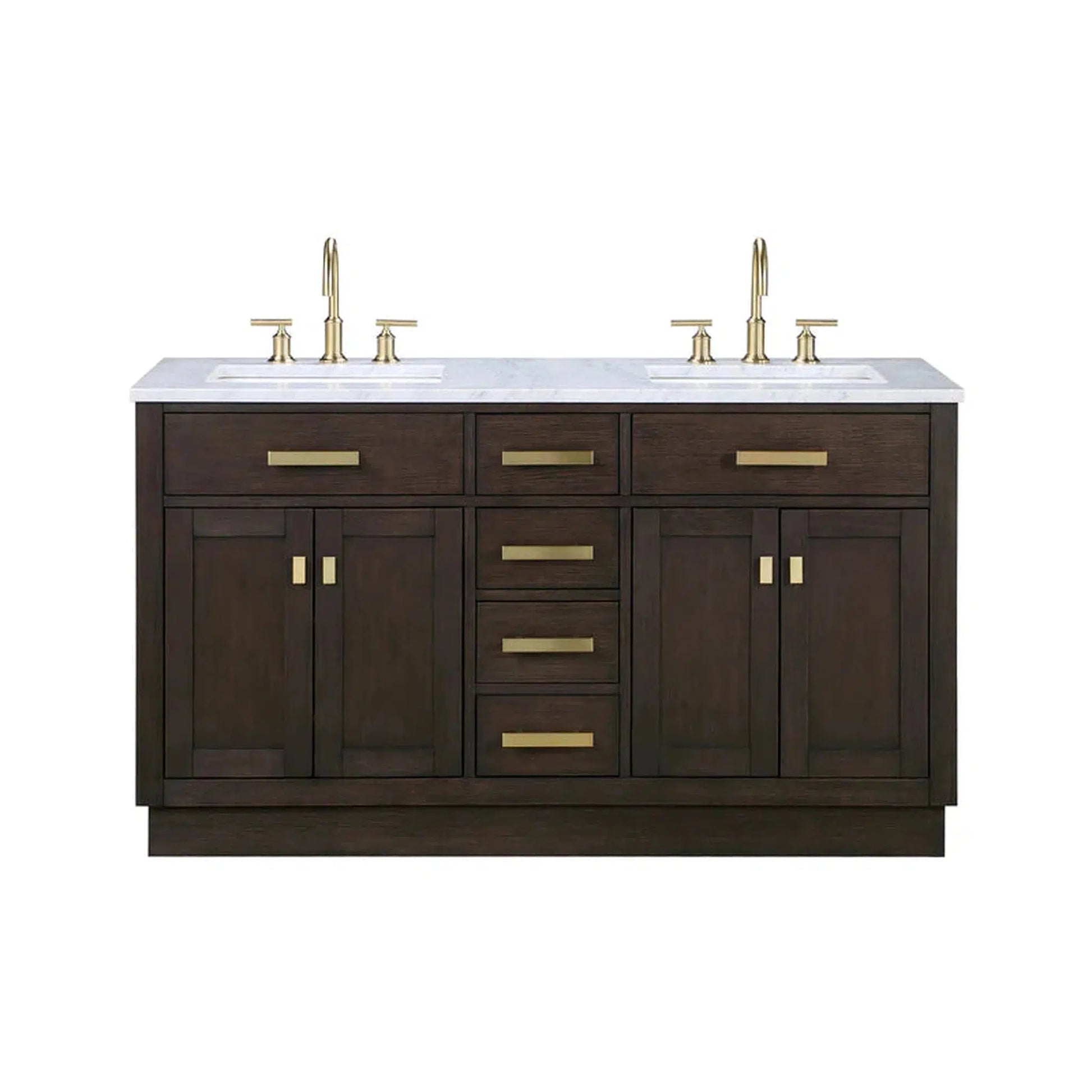 Water Creation Chestnut 60" Double Sink Carrara White Marble Countertop Vanity In Brown Oak with Grooseneck Faucets and Mirrors