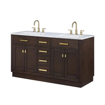 Water Creation Chestnut 60" Double Sink Carrara White Marble Countertop Vanity In Brown Oak with Mirrors