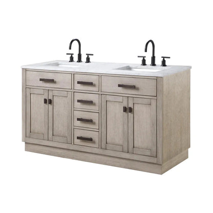 Water Creation Chestnut 60" Double Sink Carrara White Marble Countertop Vanity In Grey Oak