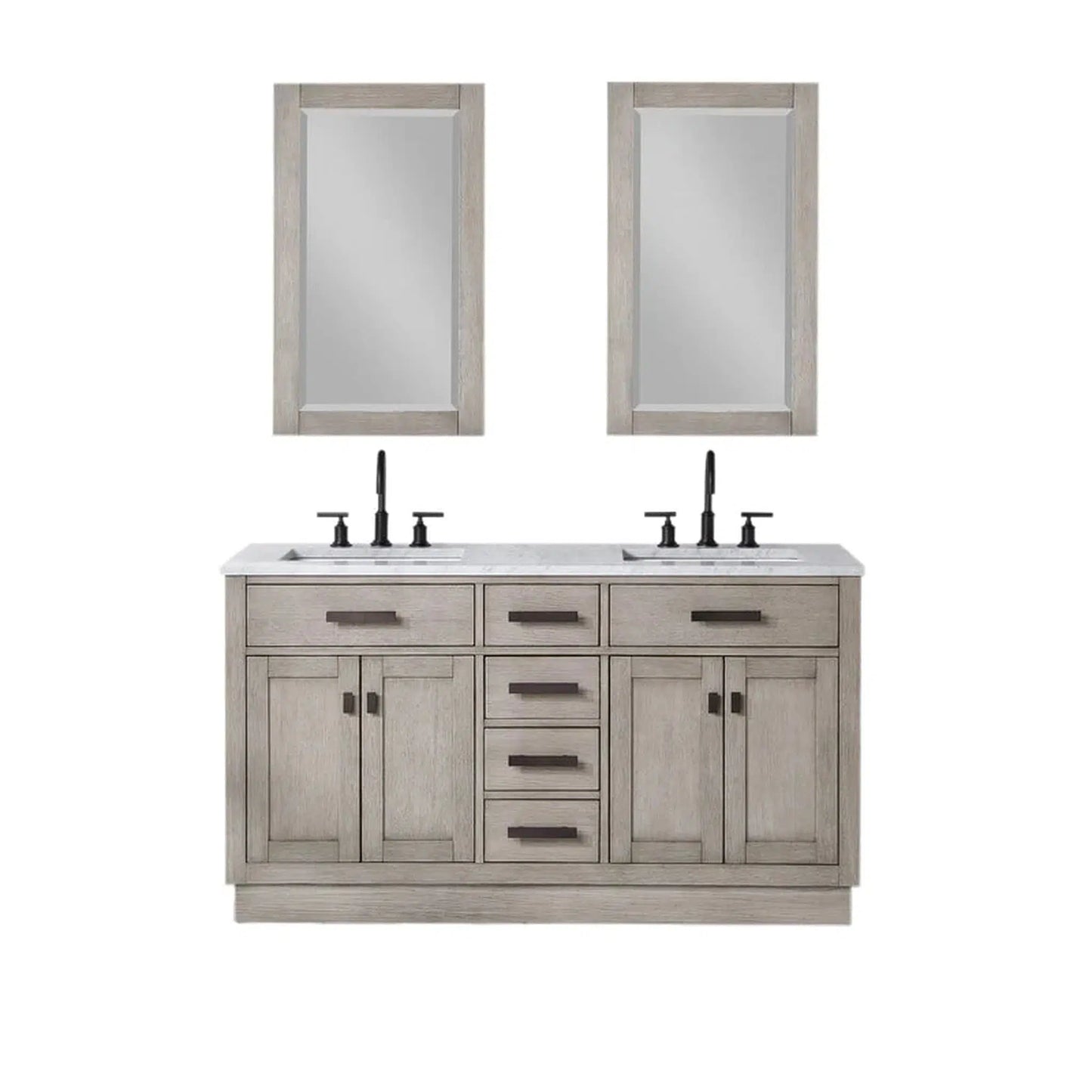 Water Creation Chestnut 60" Double Sink Carrara White Marble Countertop Vanity In Grey Oak with Grooseneck Faucets
