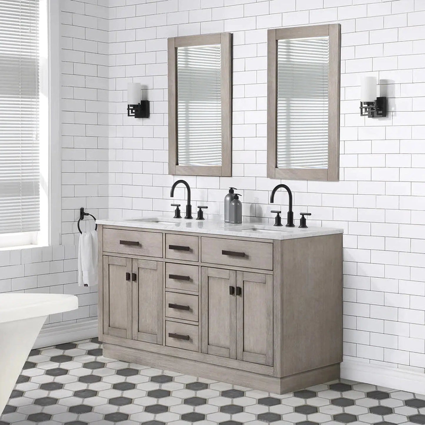 Water Creation Chestnut 60" Double Sink Carrara White Marble Countertop Vanity In Grey Oak with Grooseneck Faucets and Mirrors