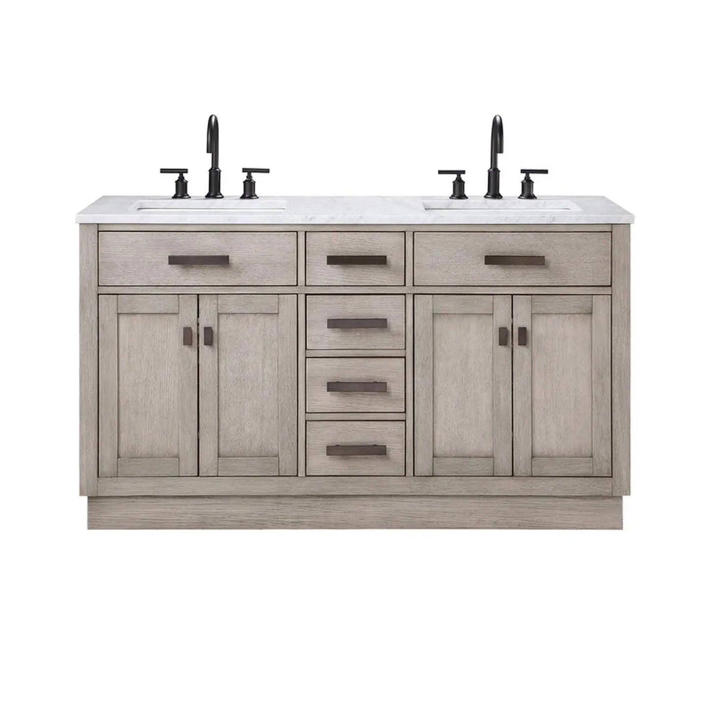 Water Creation Chestnut 60" Double Sink Carrara White Marble Countertop Vanity In Grey Oak with Grooseneck Faucets and Mirrors
