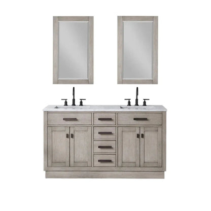 Water Creation Chestnut 60" Double Sink Carrara White Marble Countertop Vanity In Grey Oak with Mirrors