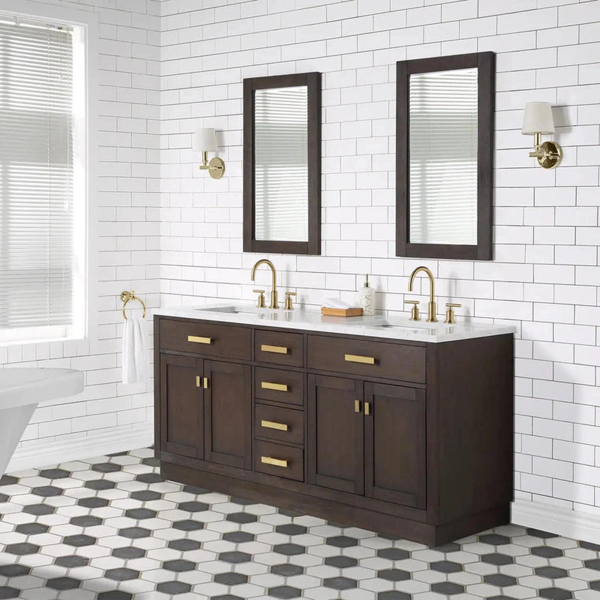 Water Creation Chestnut 72" Double Sink Carrara White Marble Countertop Vanity In Brown Oak