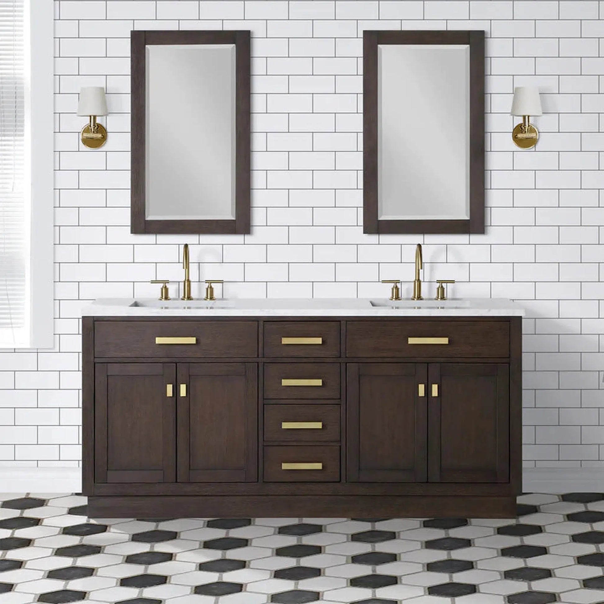 Water Creation Chestnut 72" Double Sink Carrara White Marble Countertop Vanity In Brown Oak with Grooseneck Faucets and Mirrors