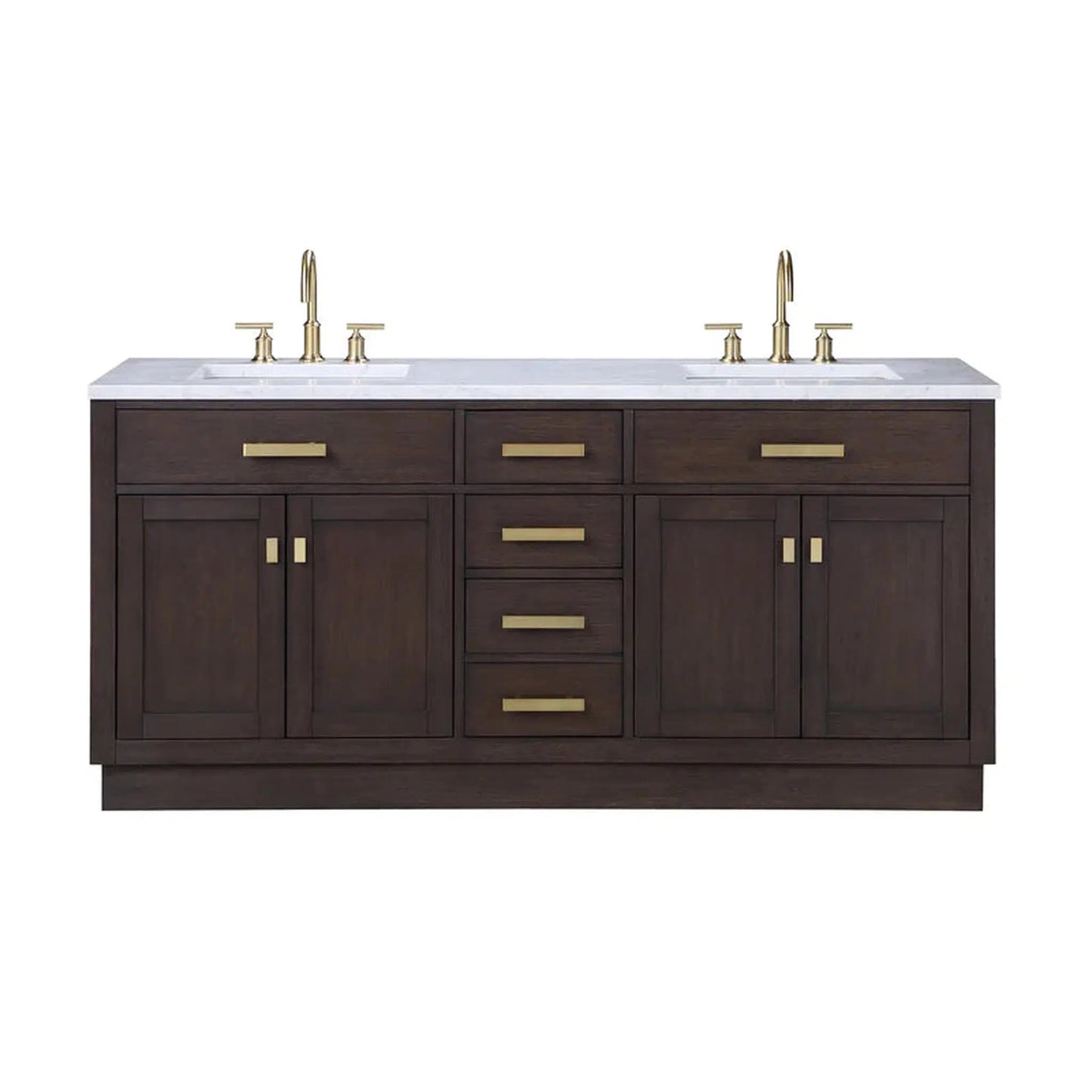 Water Creation Chestnut 72" Double Sink Carrara White Marble Countertop Vanity In Brown Oak with Grooseneck Faucets and Mirrors