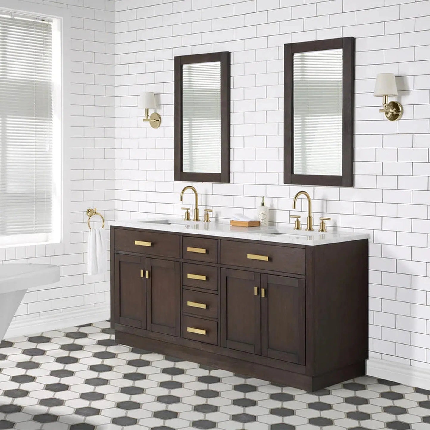 Water Creation Chestnut 72" Double Sink Carrara White Marble Countertop Vanity In Brown Oak with Mirrors