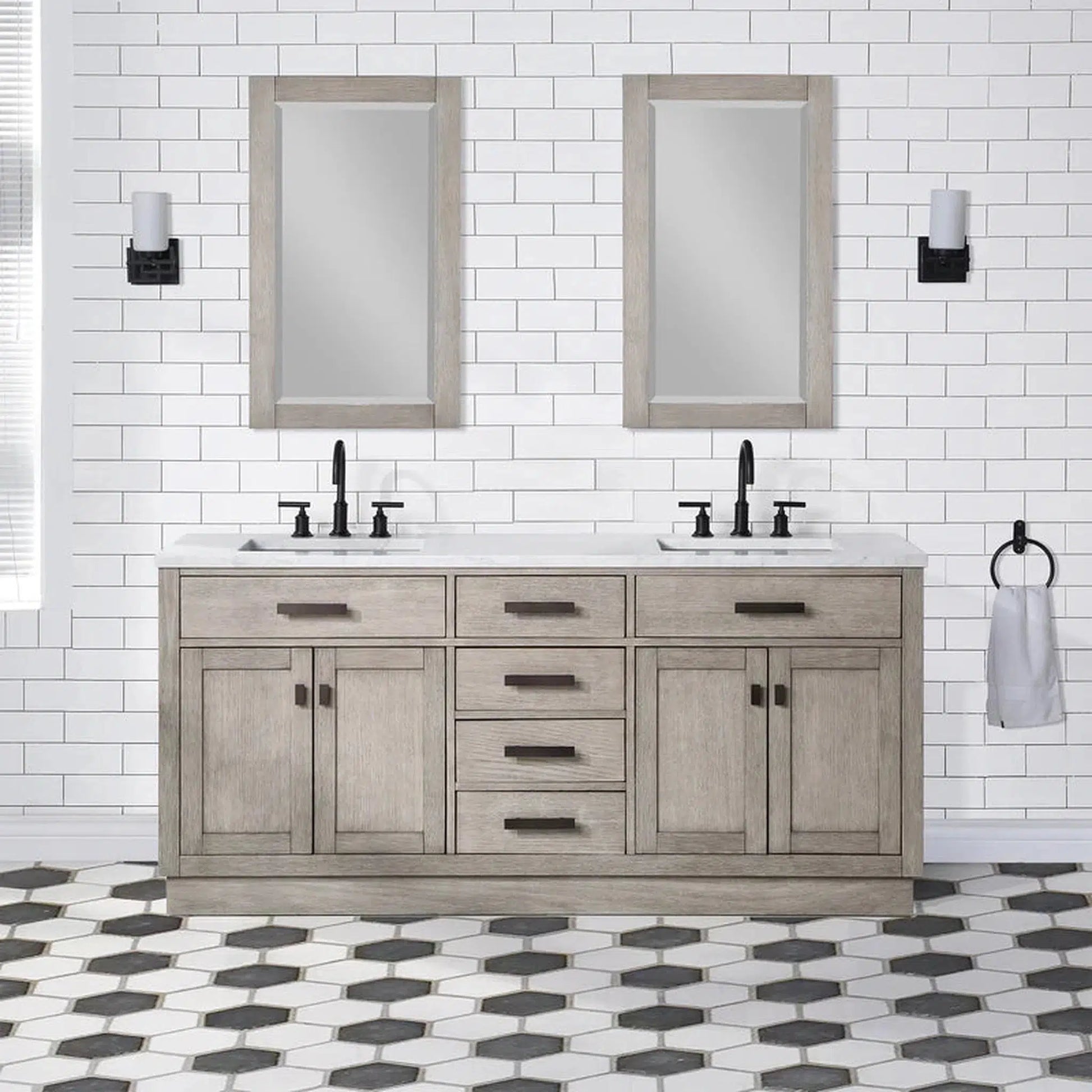 Water Creation Chestnut 72" Double Sink Carrara White Marble Countertop Vanity In Grey Oak