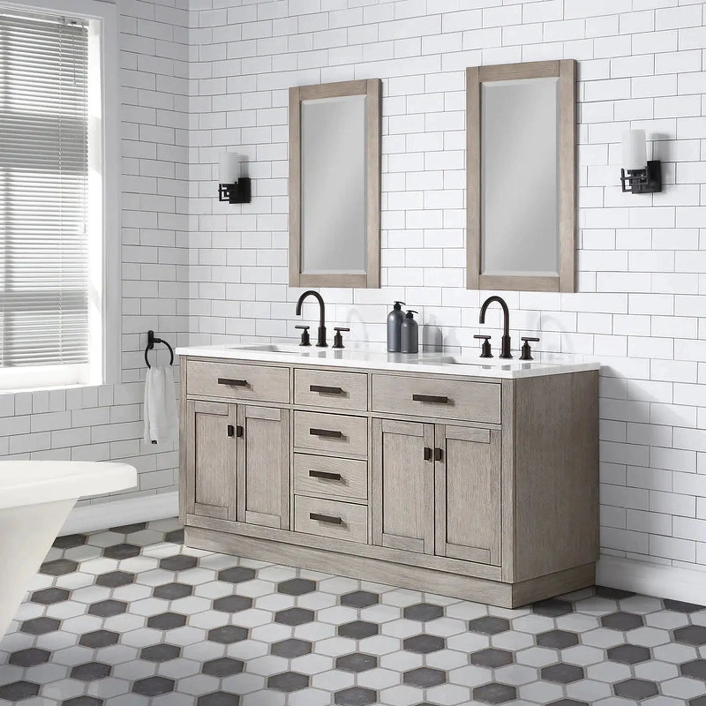 Water Creation Chestnut 72" Double Sink Carrara White Marble Countertop Vanity In Grey Oak